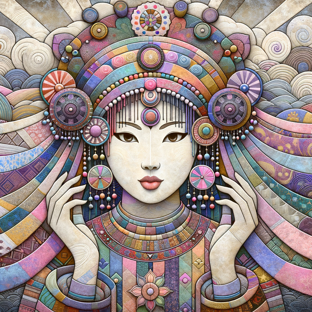 Colorful depiction of a serene female figure with jewelry
