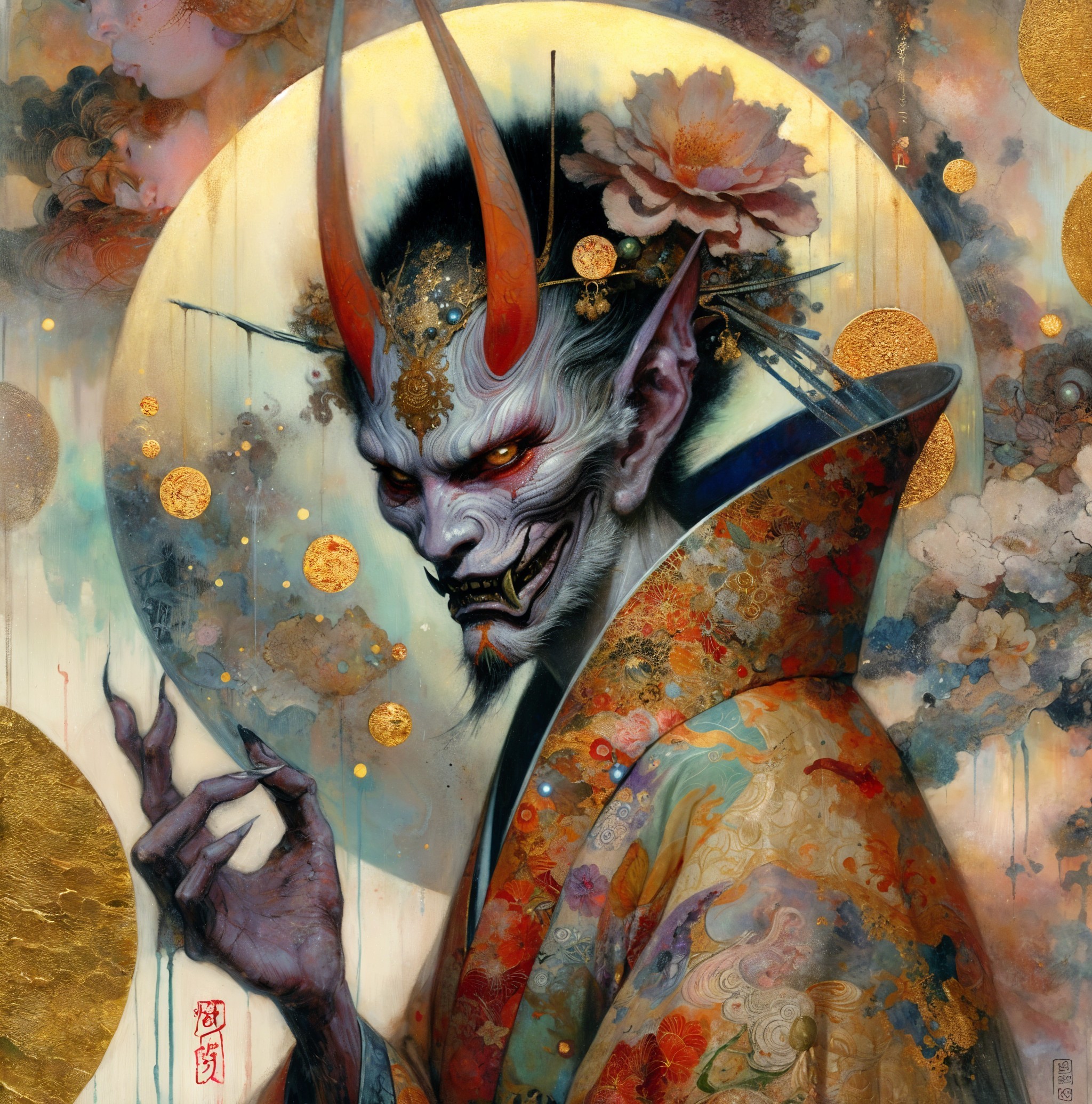 Horned Figure in Traditional Japanese Clothing Artwork