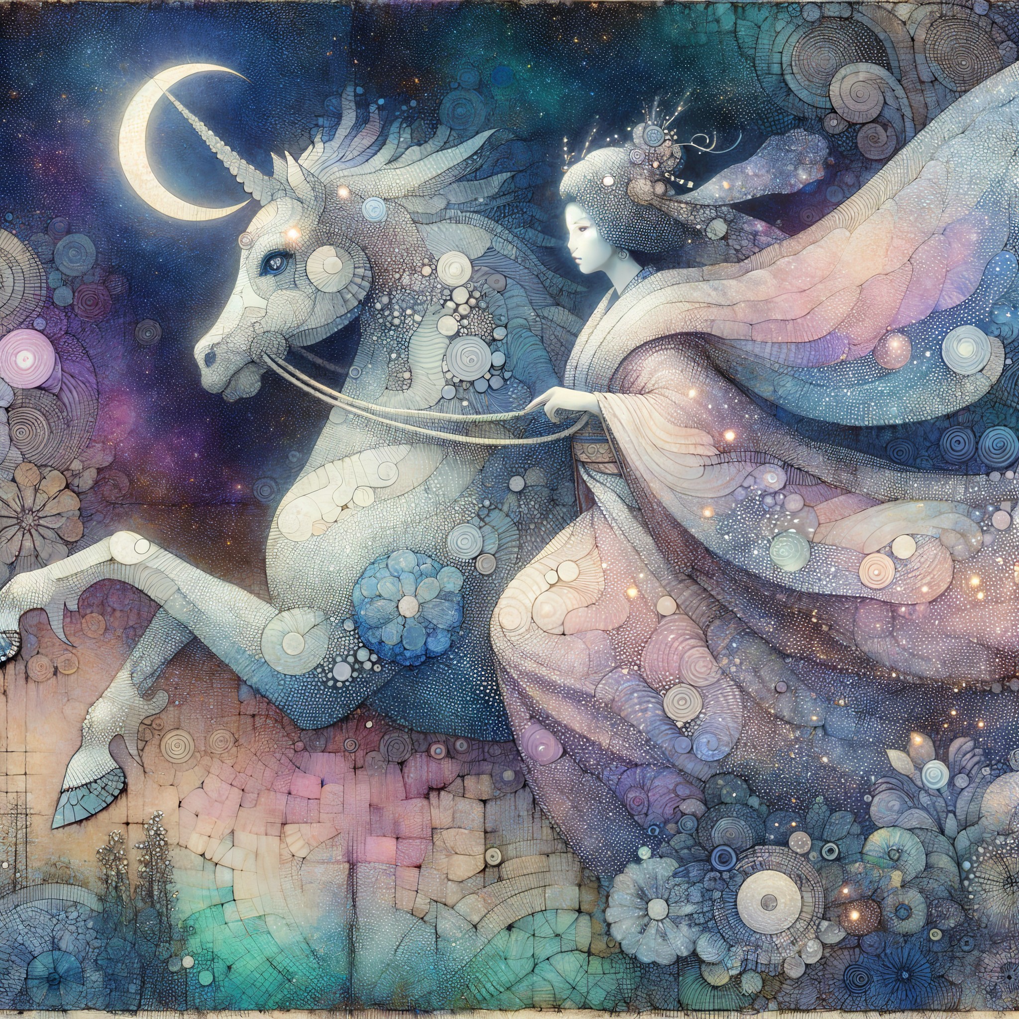 Serene Woman on Unicorn in Dreamlike Landscape