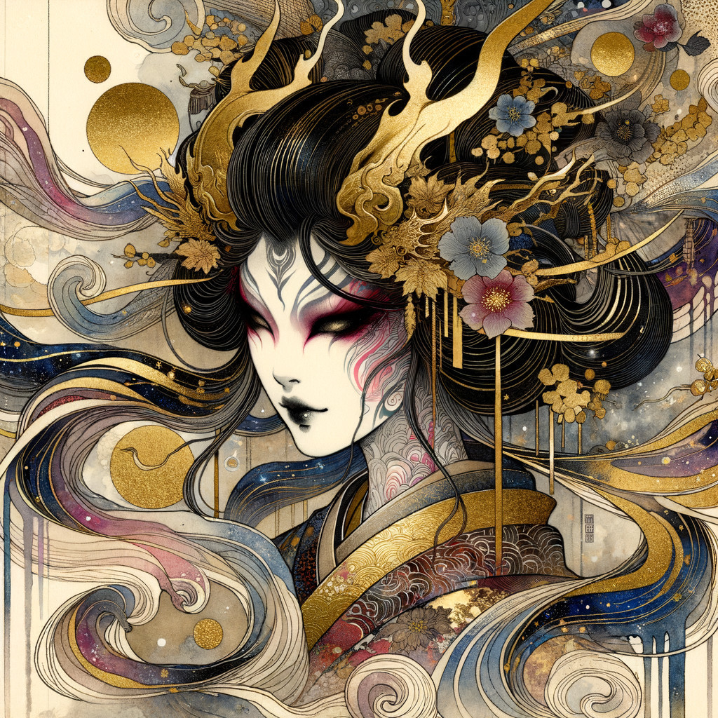 Serene Woman Illustration with Gold and Floral Details