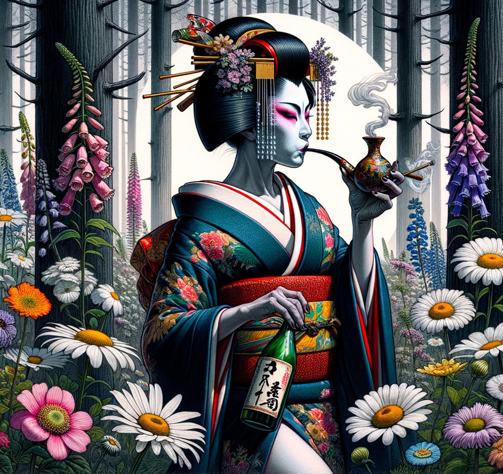 Geisha in Vibrant Kimono in Mystical Forest Setting