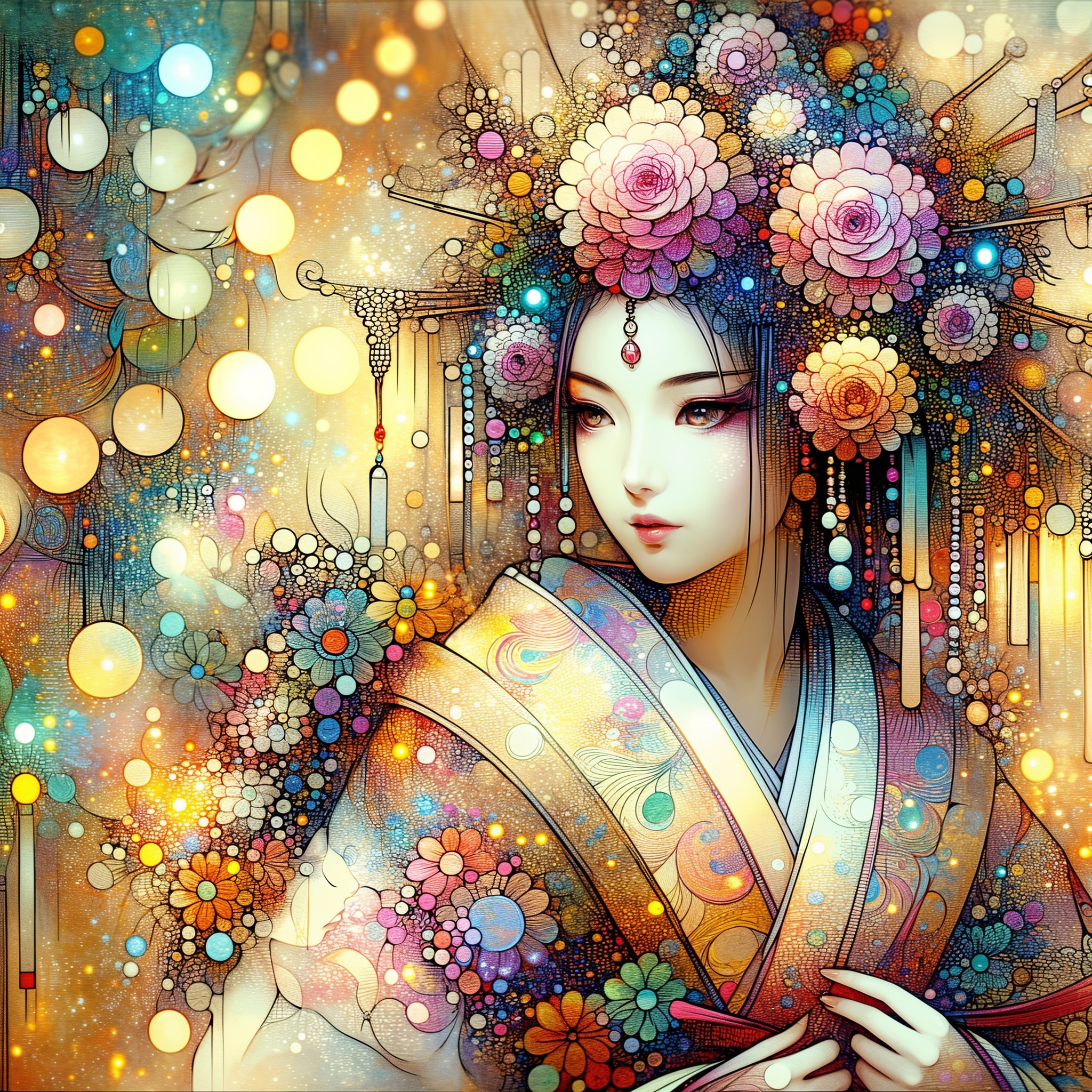 Adorned figure with floral patterns and vibrant background