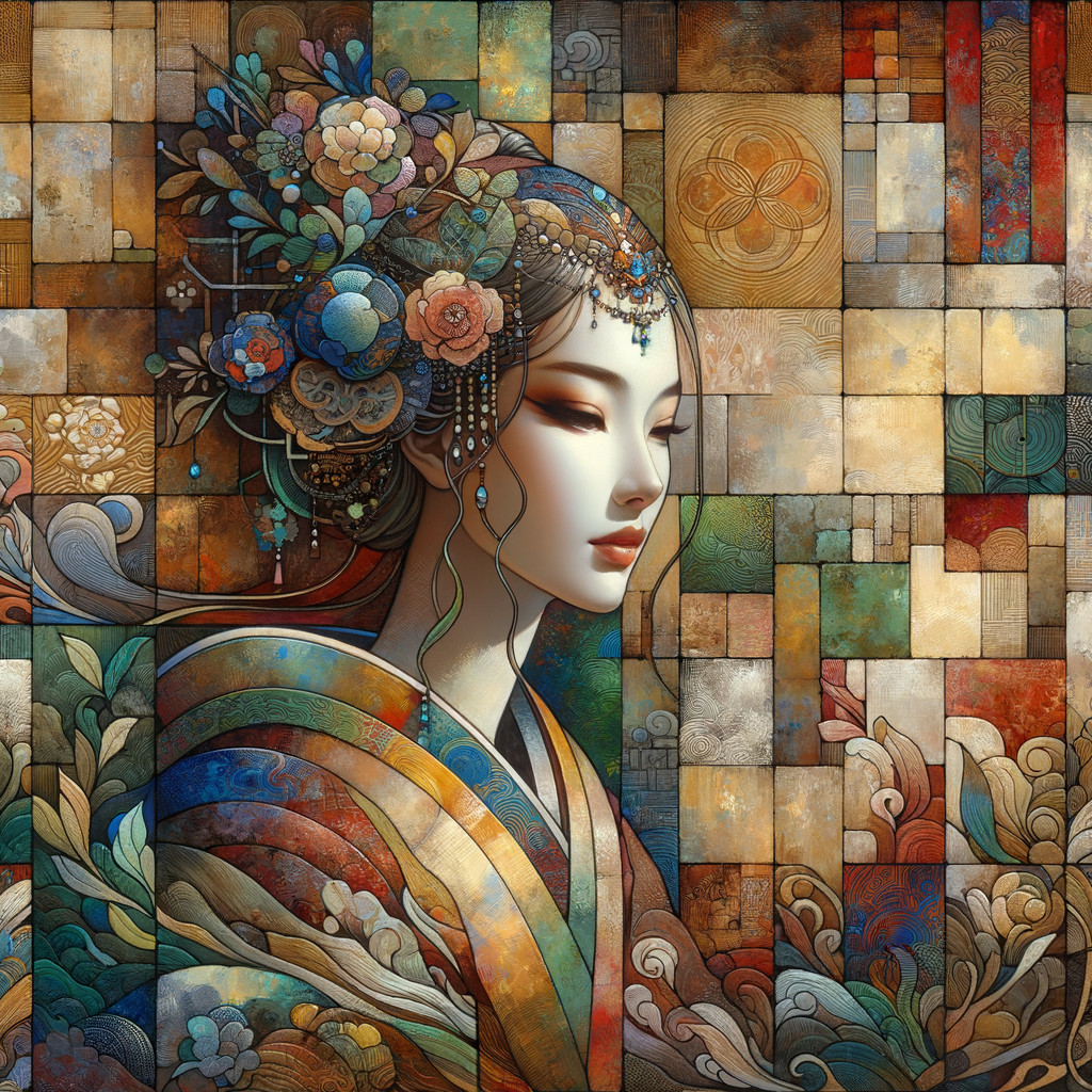 Stylized Woman with Floral Headdress and Colorful Background