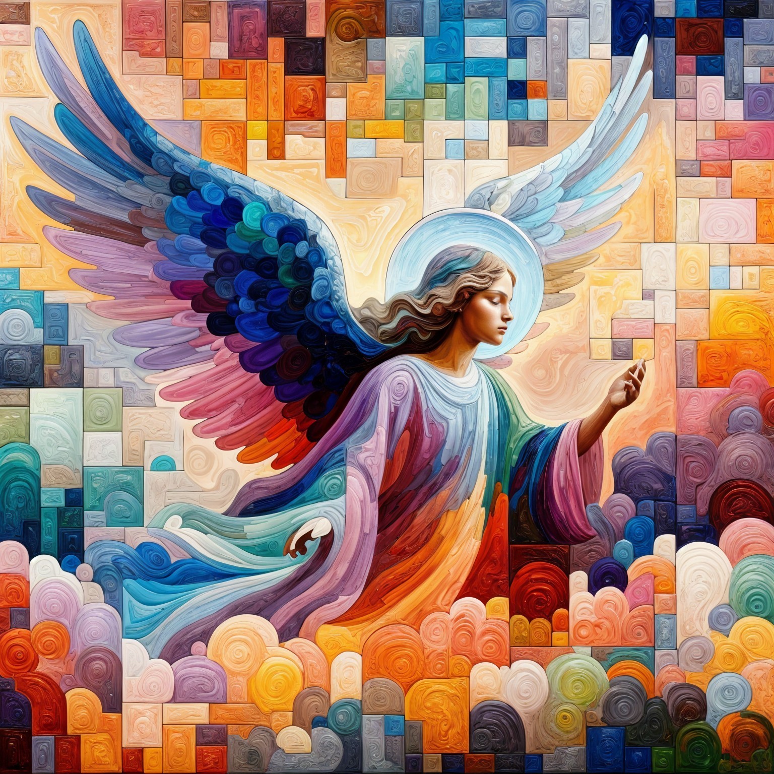 Majestic Angel with Multicolored Wings in Dreamlike Scene