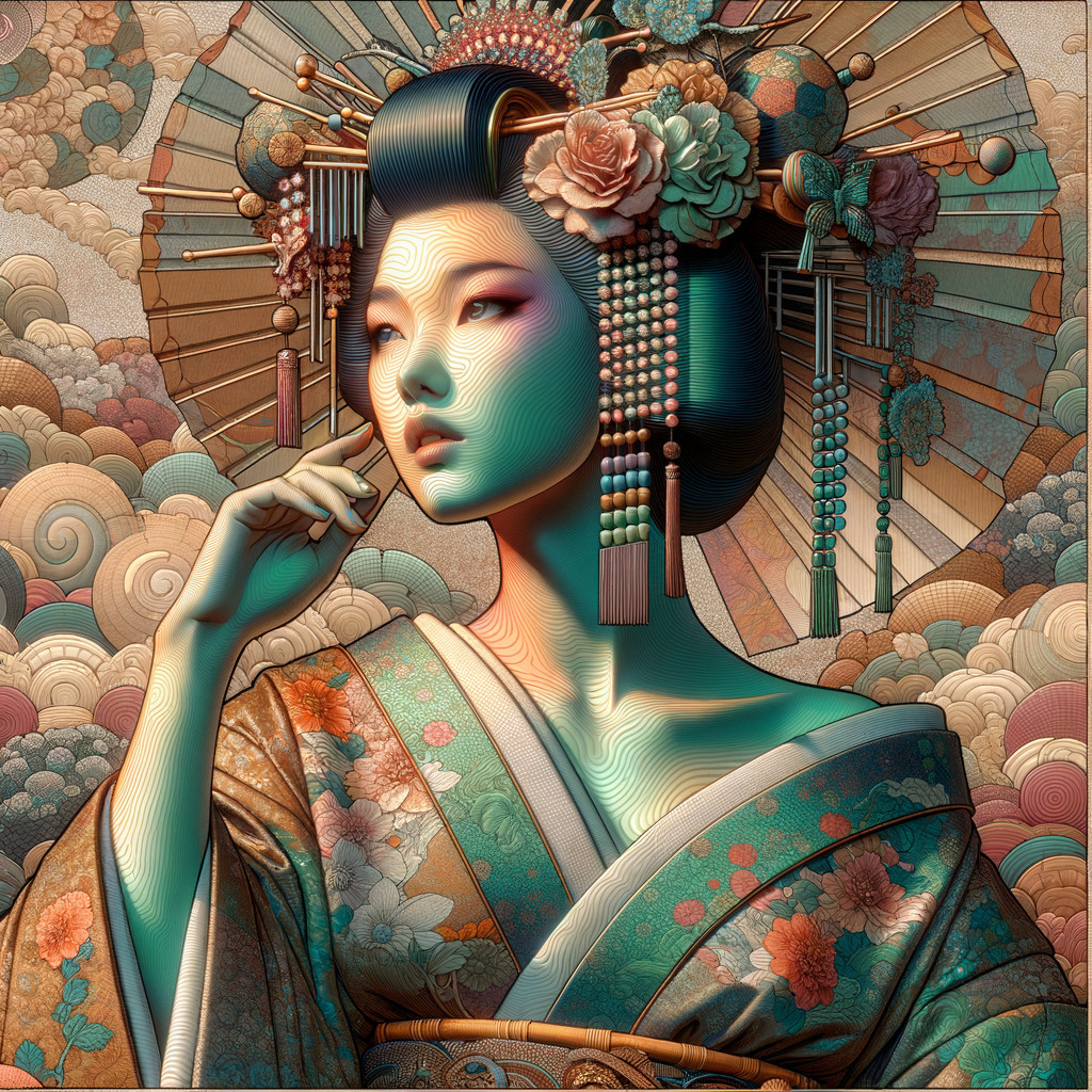 Close-up Portrait of a Geisha with Teal Skin