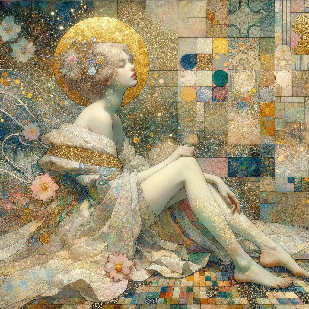 Serene Figure in Ethereal Gown with Geometric Background