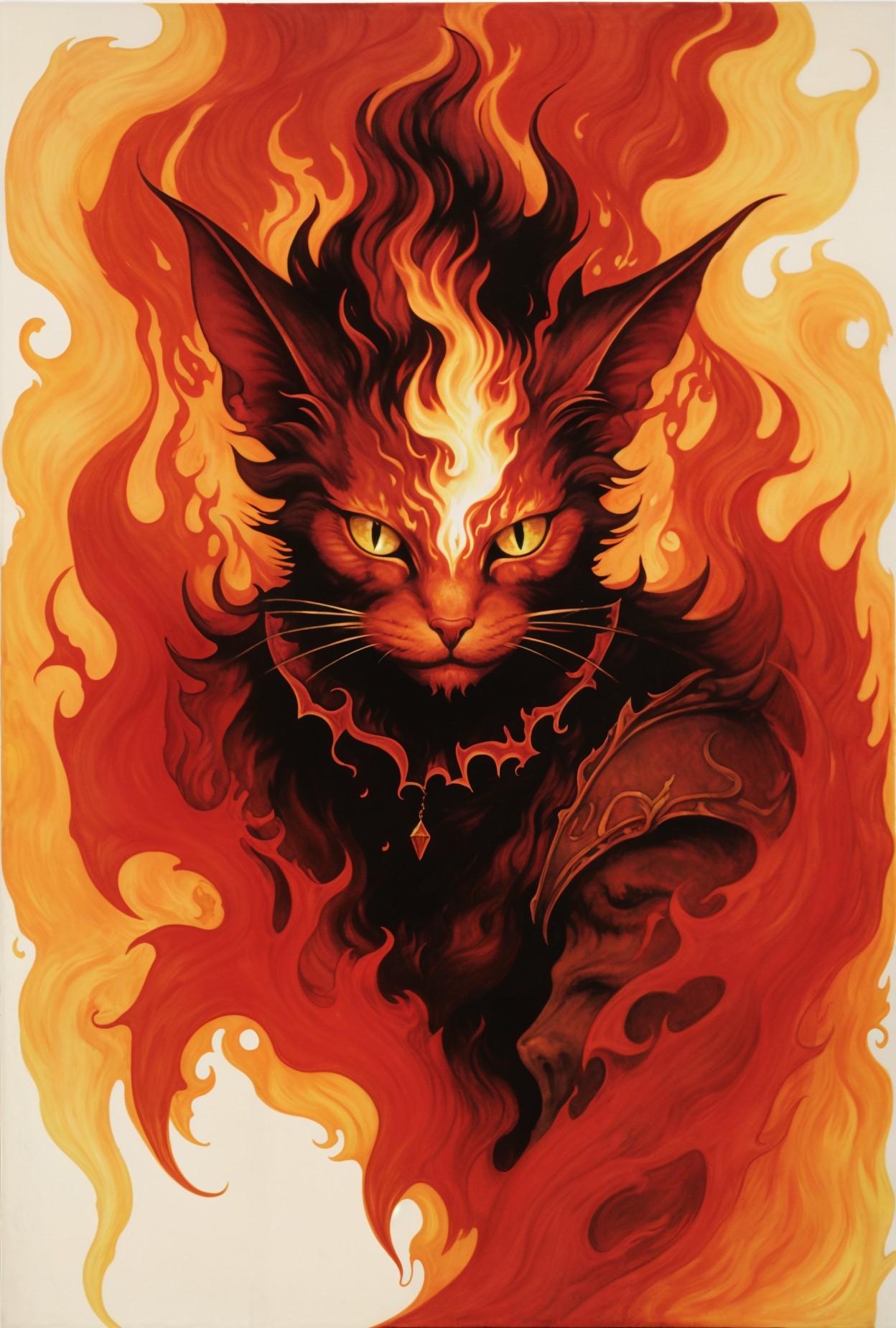 Fierce anthropomorphic cat in vibrant flames and bold style