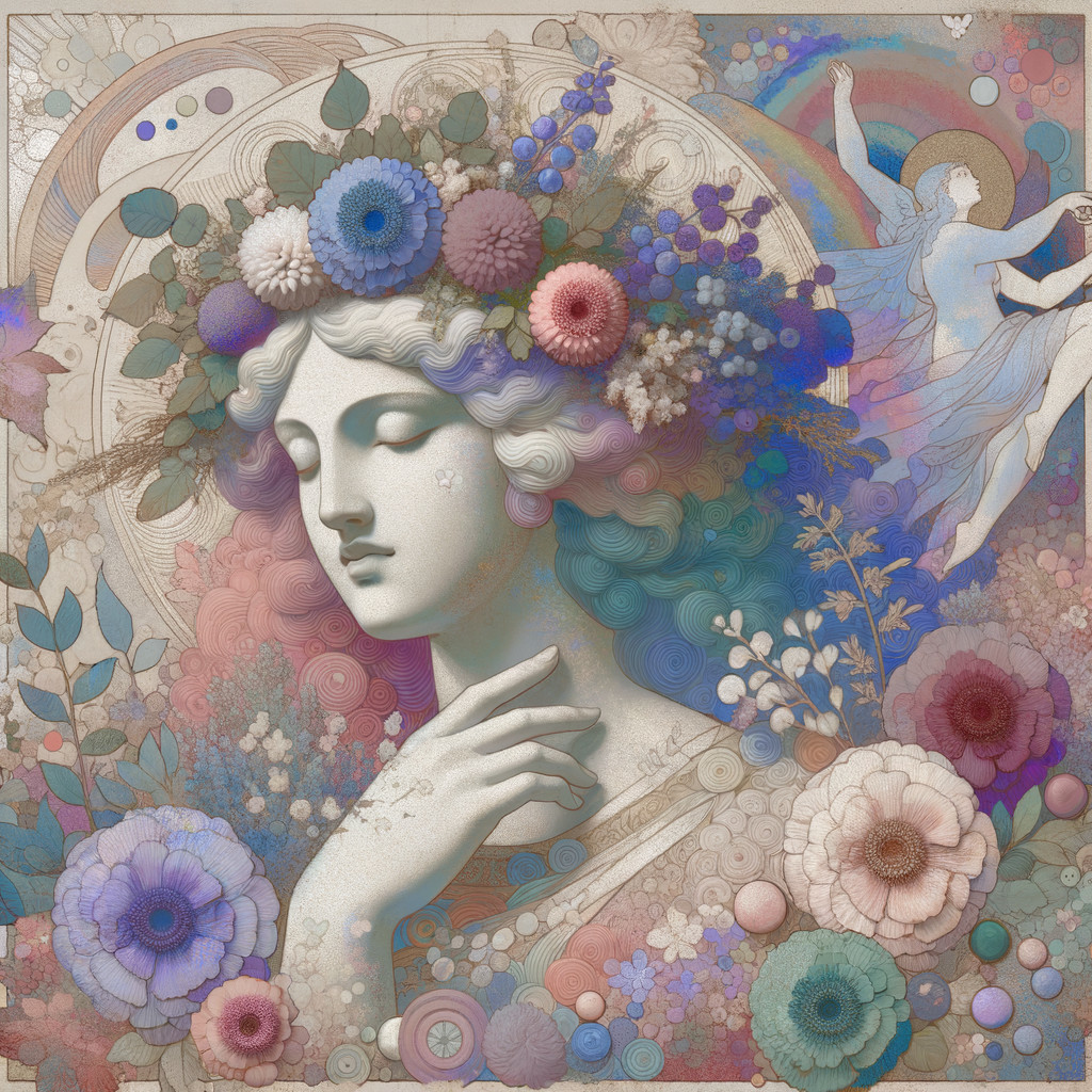 Serene Goddess Surrounded by Colorful Blossoms