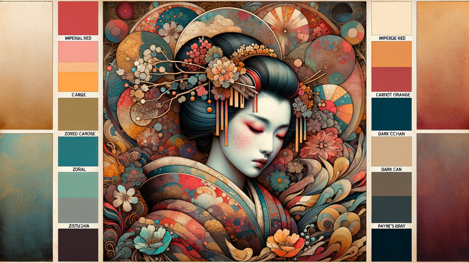 Stylized Japanese Woman in Floral Kimono Design