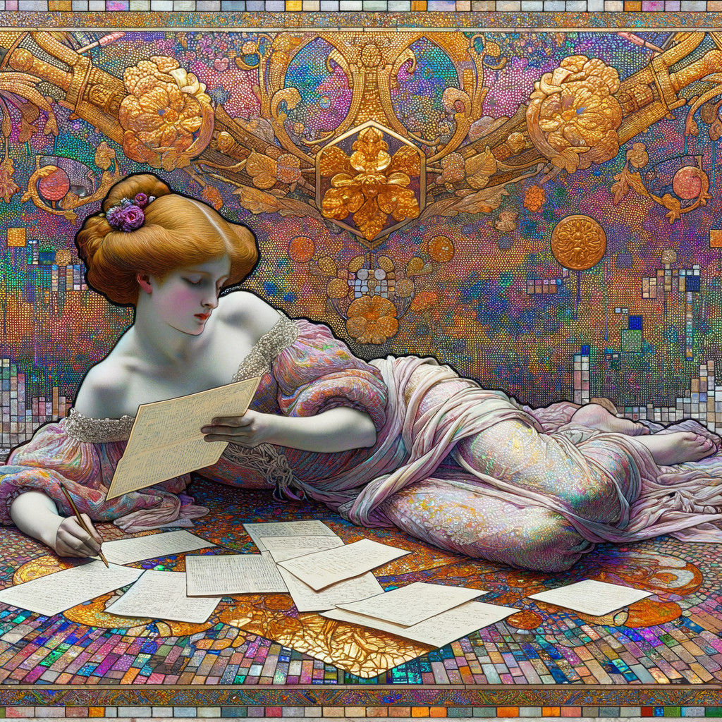 Serene Woman Writing on Decorative Floral Surface