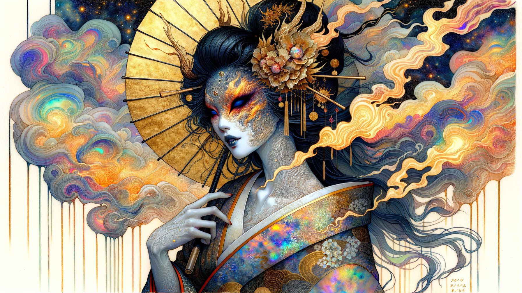 Serene figure in ornate fabrics with mystical atmosphere