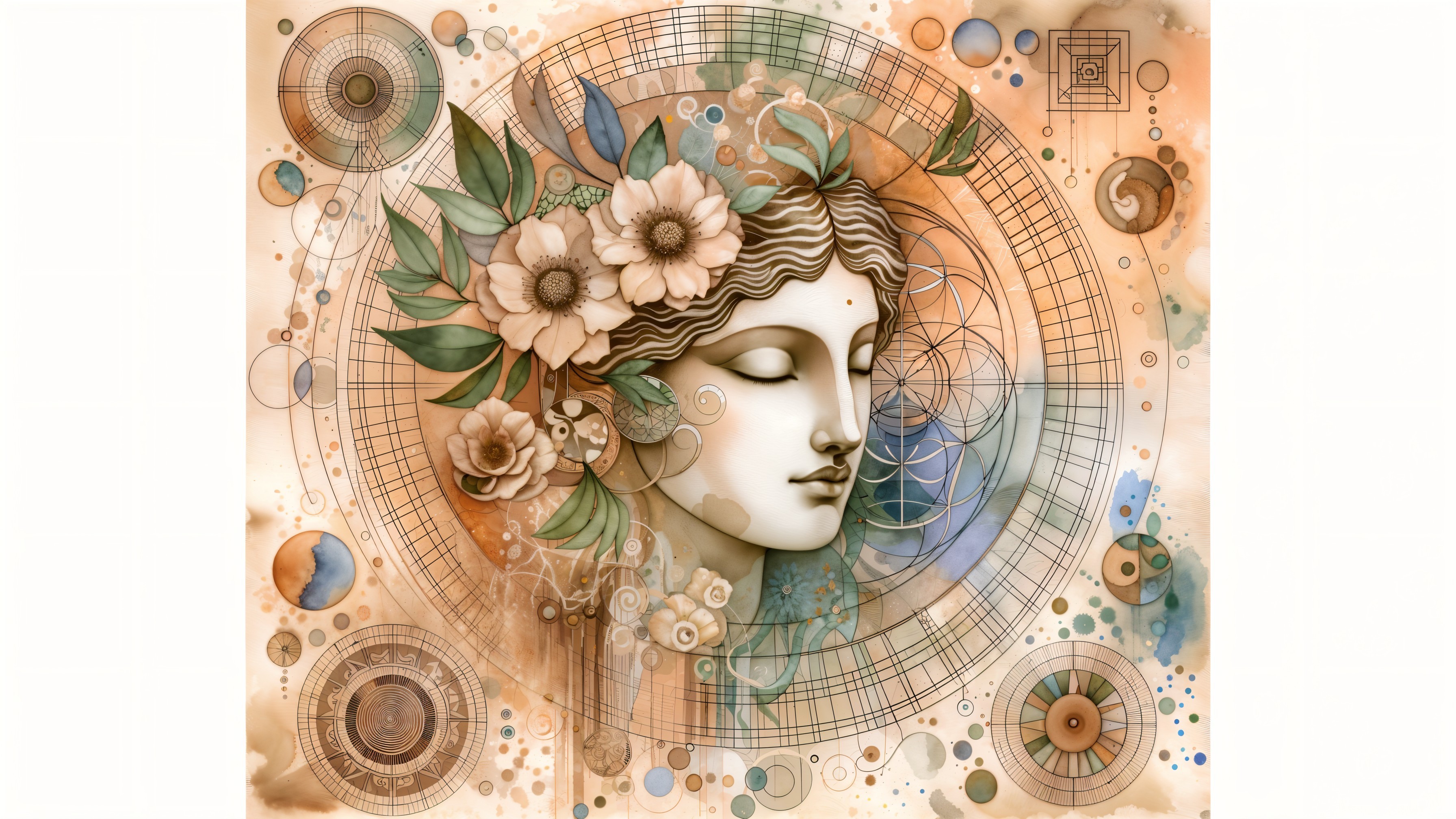 Ethereal Woman's Face with Floral and Geometric Elements