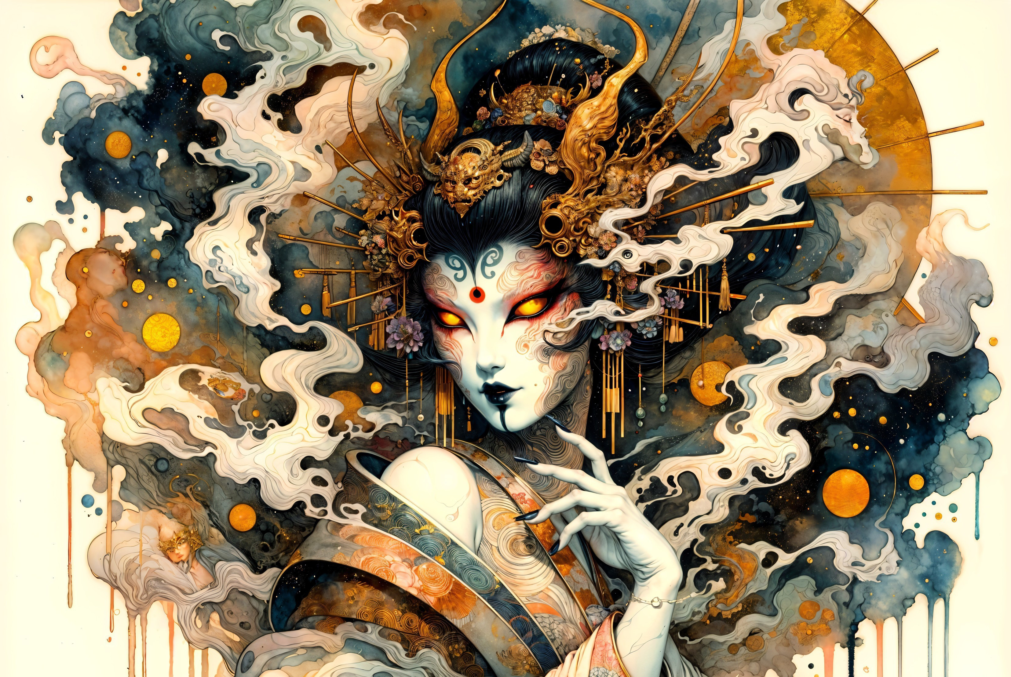 Mysterious Figure in Traditional Kimono with Gold Accents