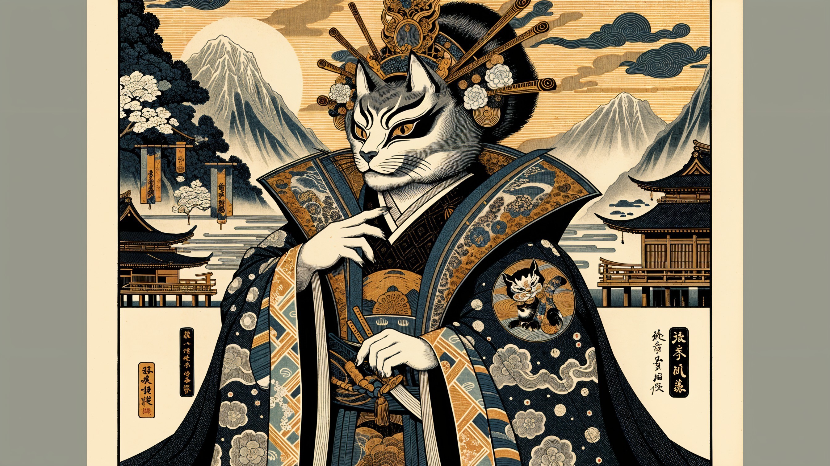 Majestic figure in traditional Japanese attire with cat head
