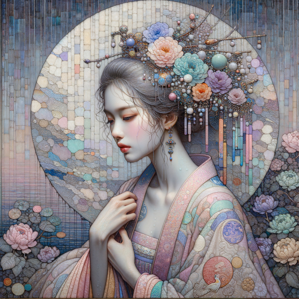 Serene Portrait of Woman in Pastel Traditional Clothing