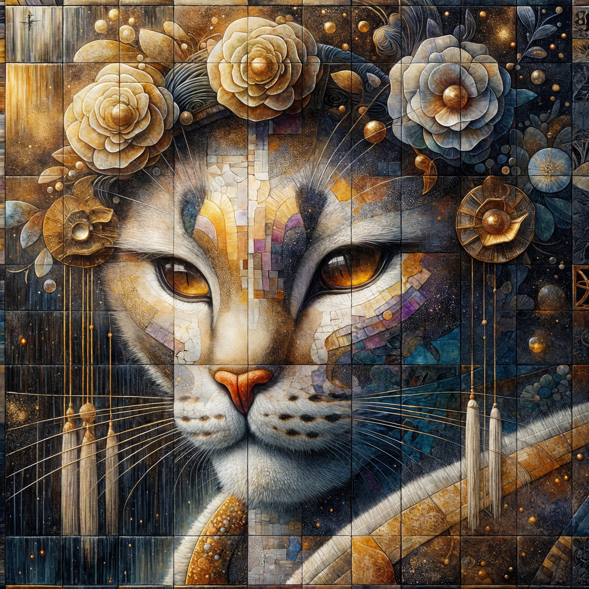 Majestic Feline Face with Floral Crown and Patterns