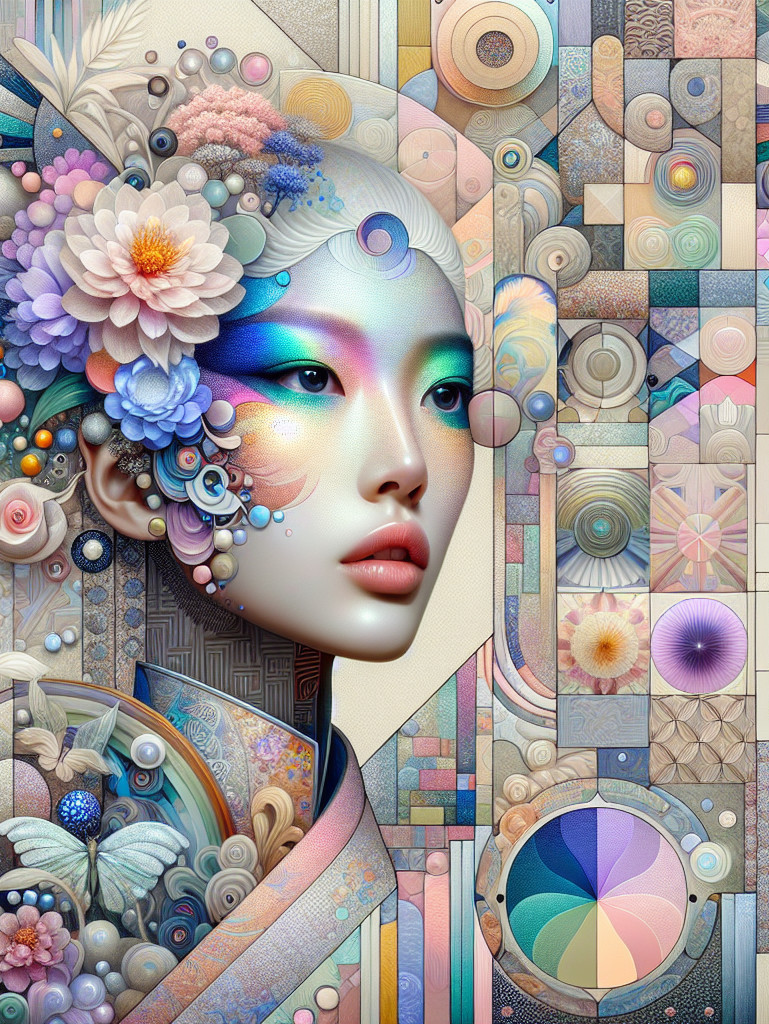 Stylized portrait of a woman with flowers and patterns