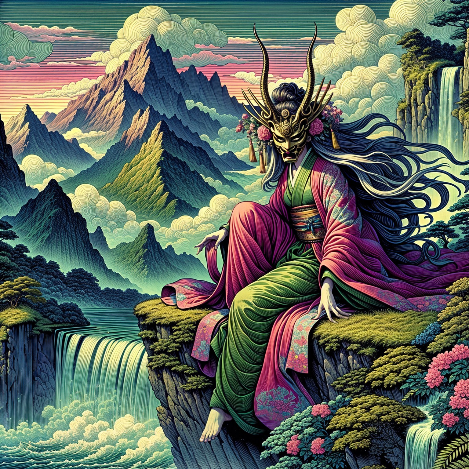 Mystical Figure in Kimono Overlooking Scenic Landscape