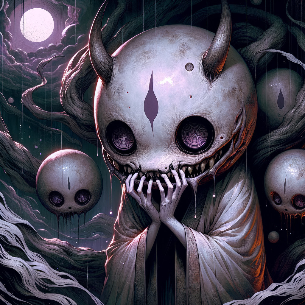 Haunting Figure in Shadowy Landscape with Skulls