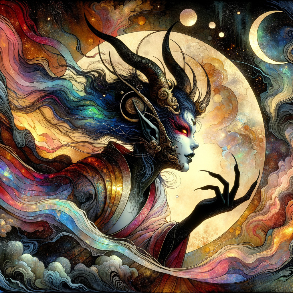 Mystical Figure with Horns in Cosmic Background