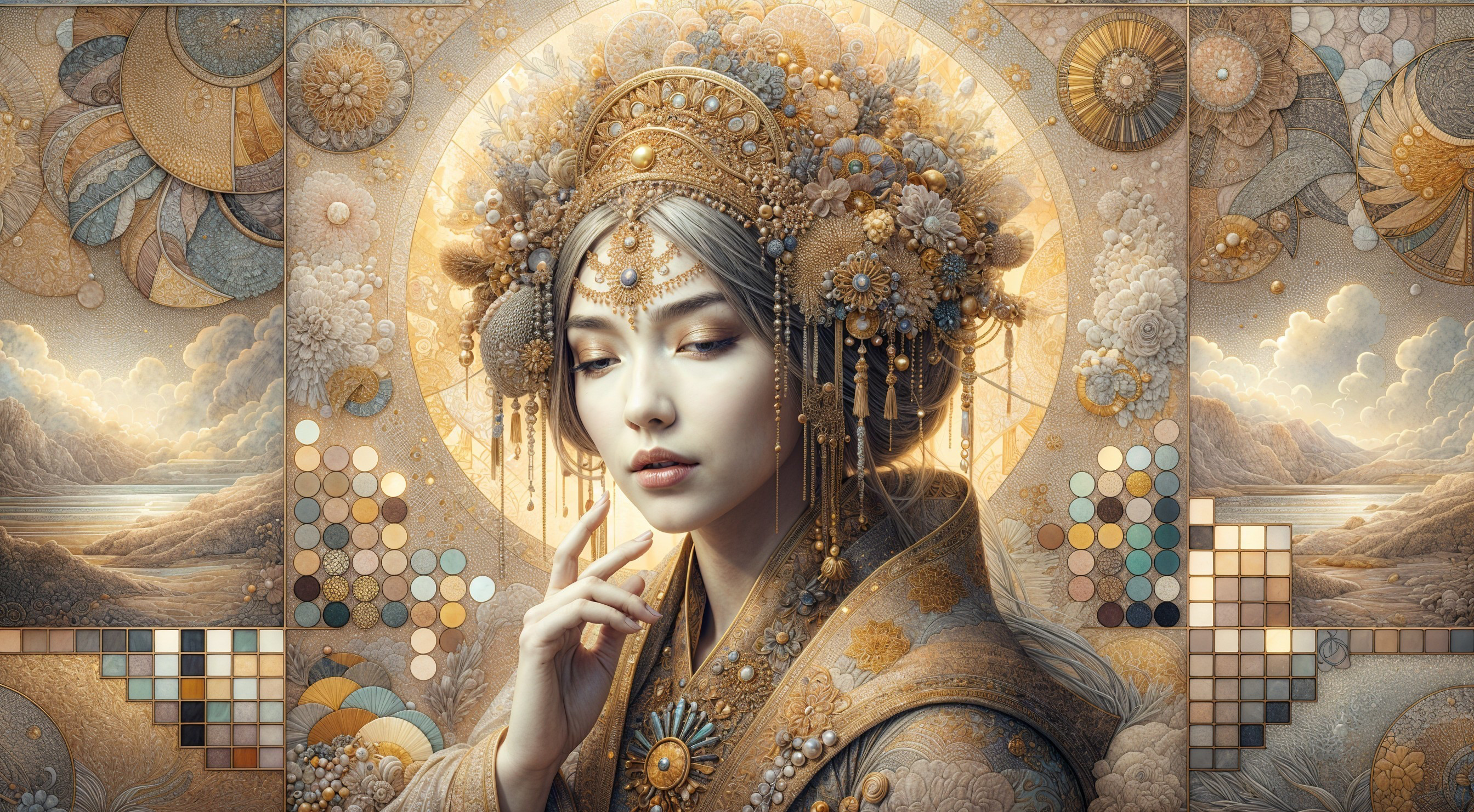 Elegant figure in golden attire with floral backdrop