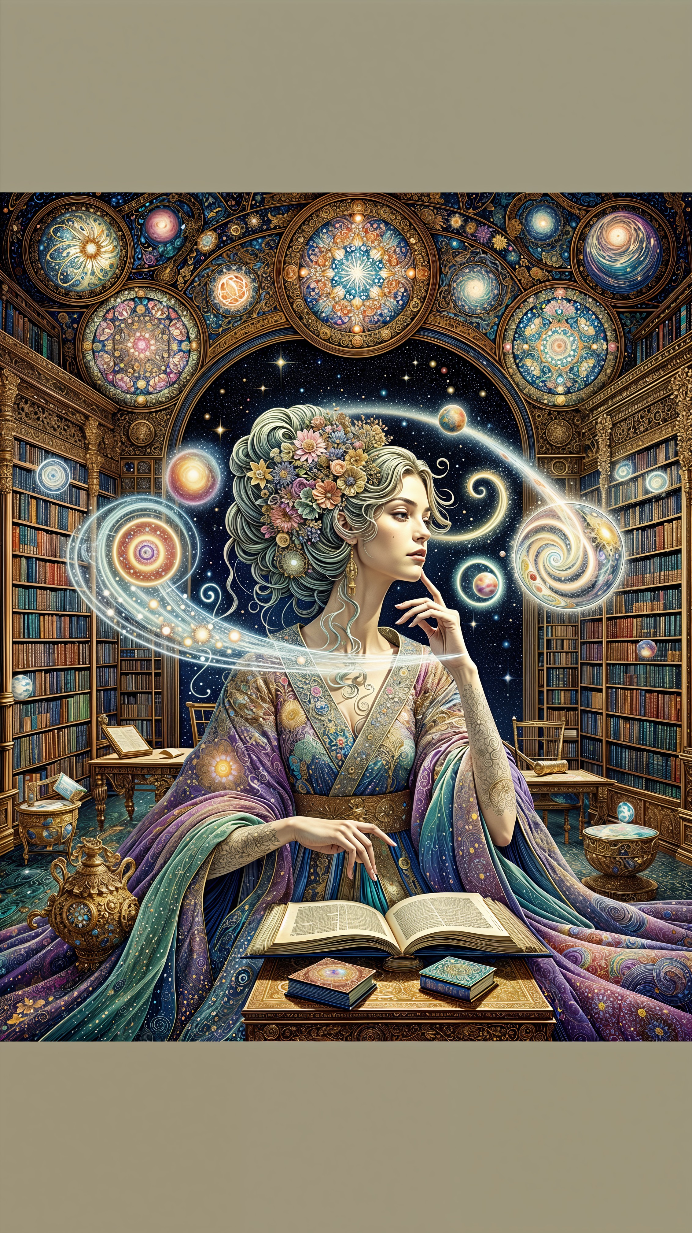 Celestial Library with Woman in Vibrant Gown