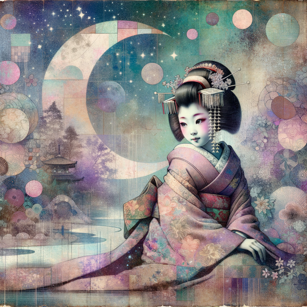 Serene Figure in Traditional Japanese Attire Against Celestial Backdrop