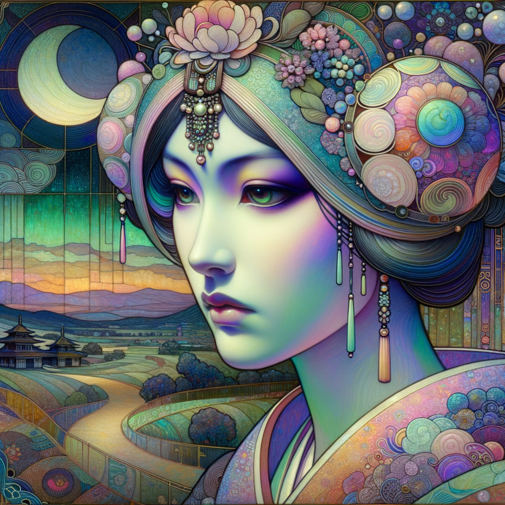 Stylized portrait of a woman with colorful hair and landscape