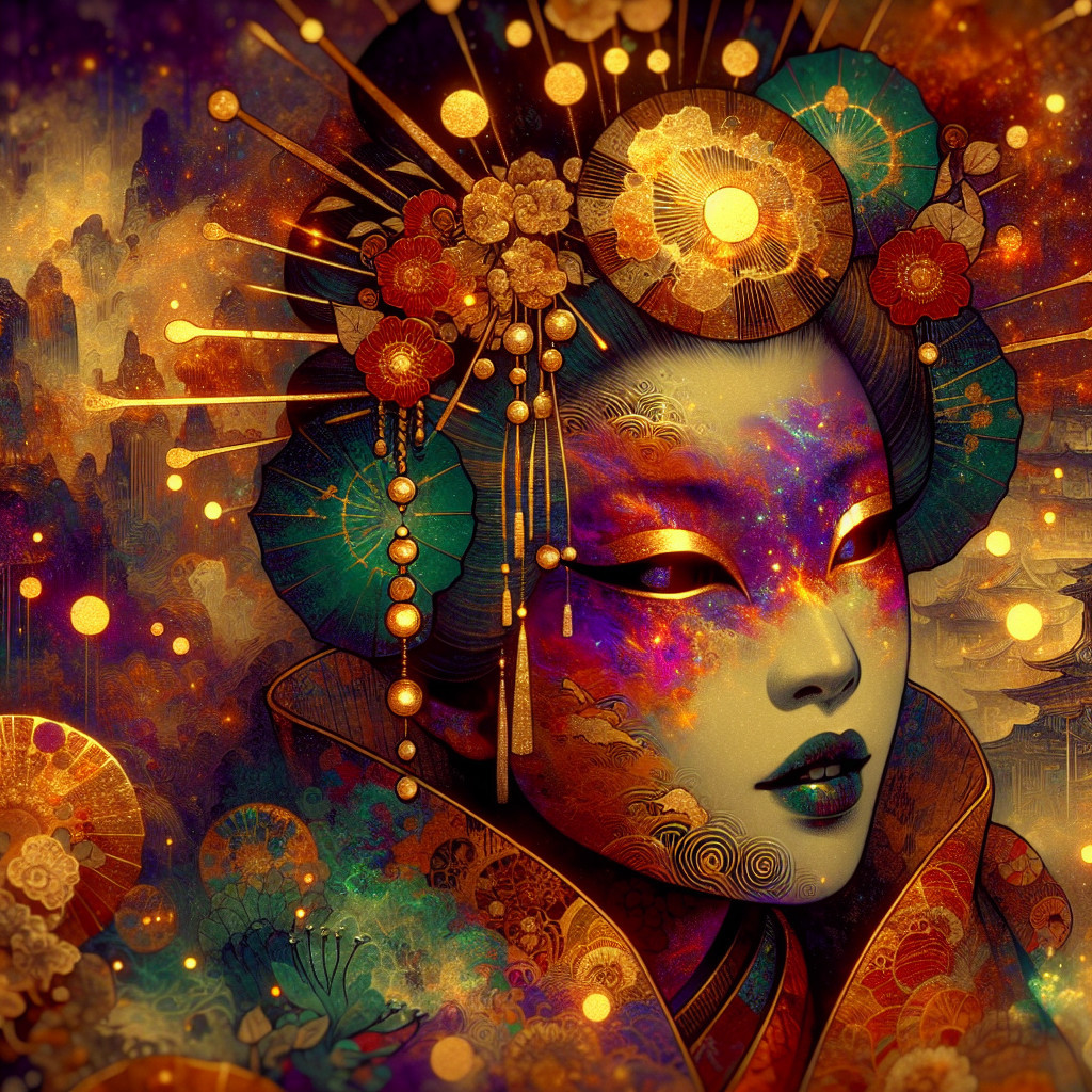 Portrait of a woman with celestial patterns and headdress