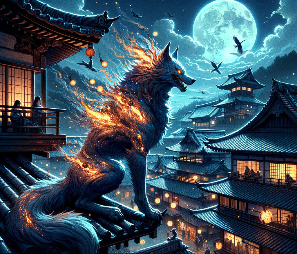 Fiery Wolf on Rooftop Under Full Moon in Village