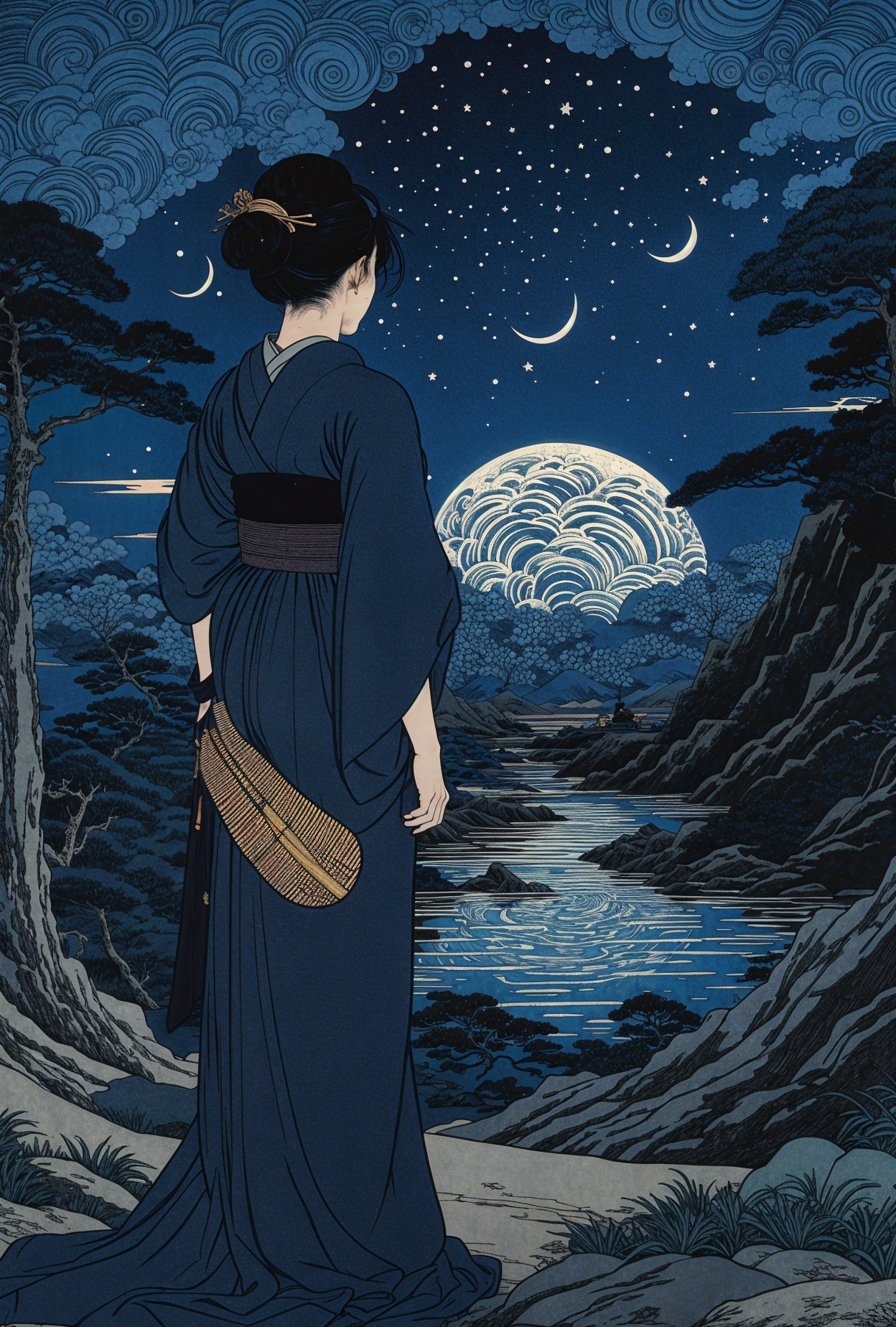 Serene Night Scene with Woman in Traditional Kimono