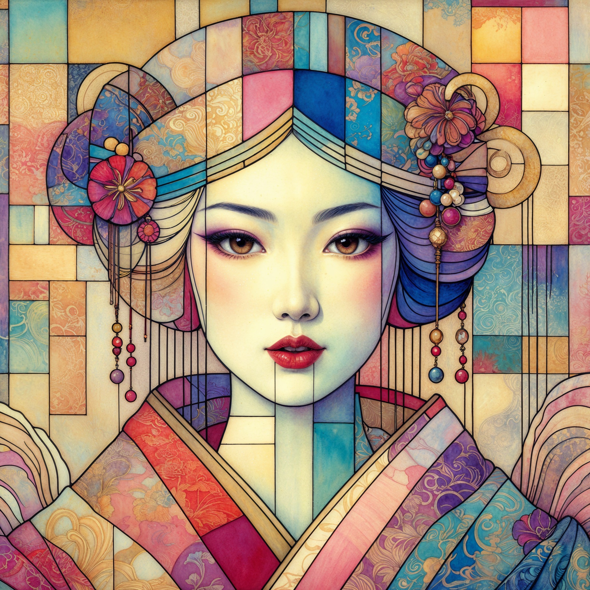 Stylized Portrait of a Woman in Vibrant Kimono