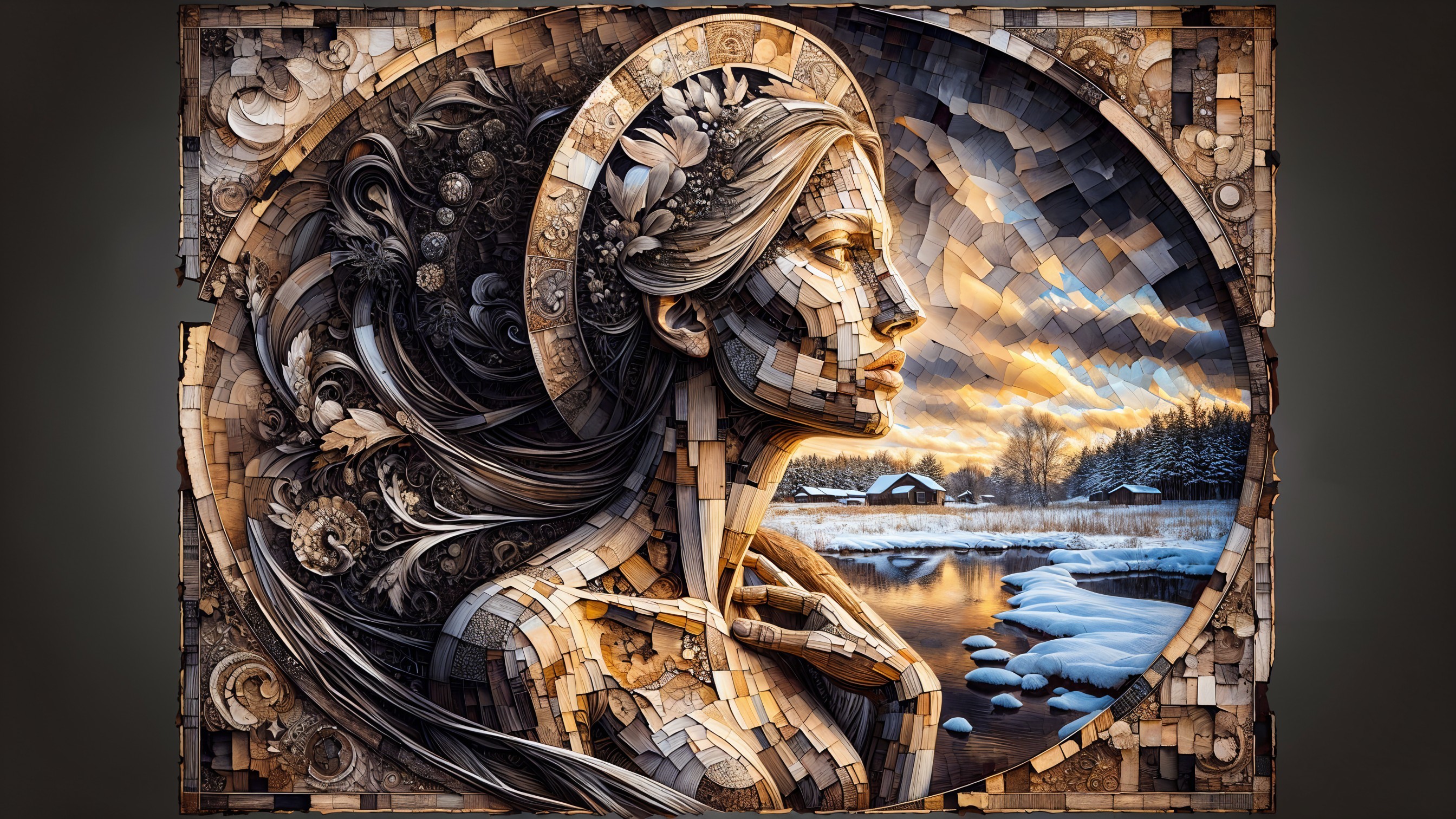 Portrait of a Woman in Intricate Wooden Panels