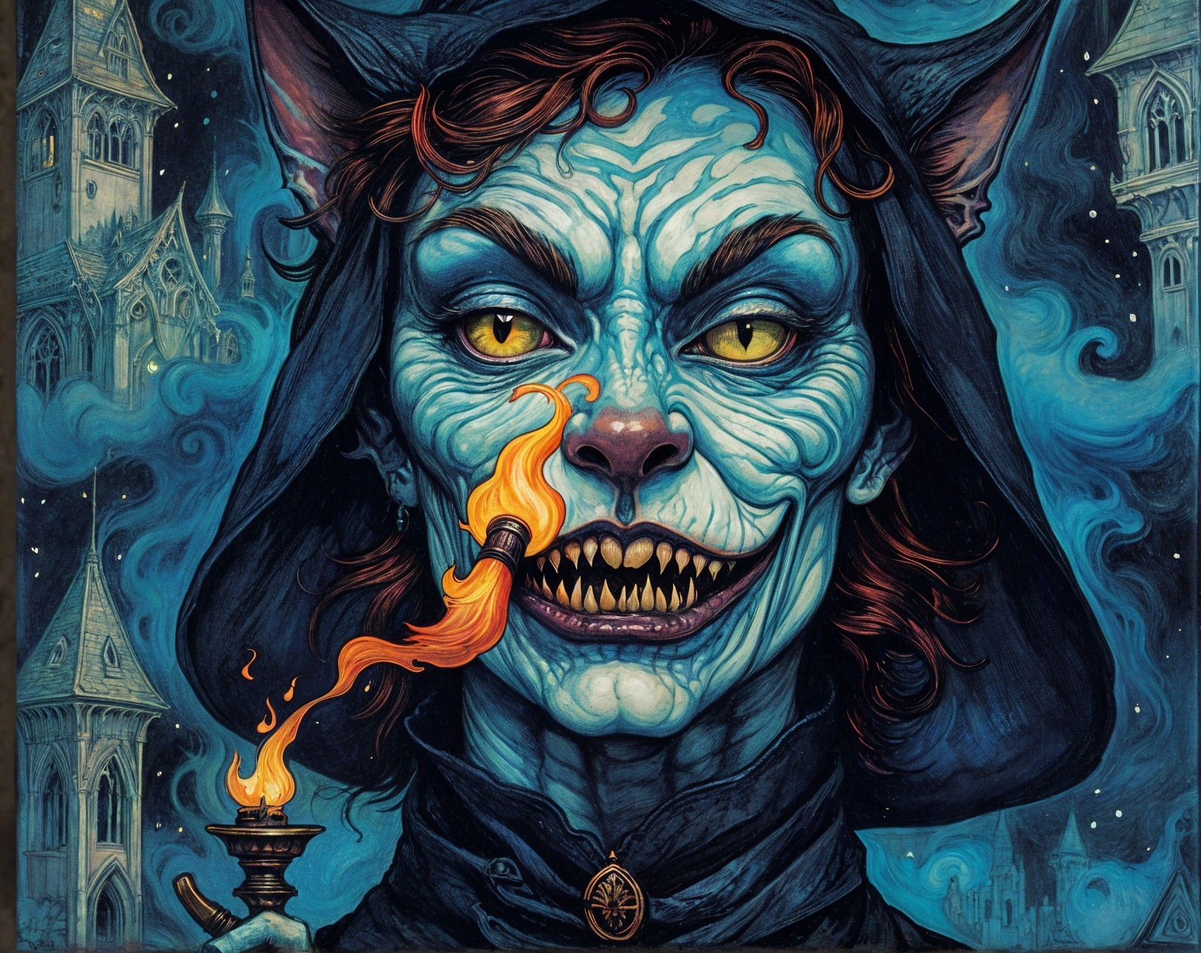 Sinister Feline Figure in Eerie Gothic Setting