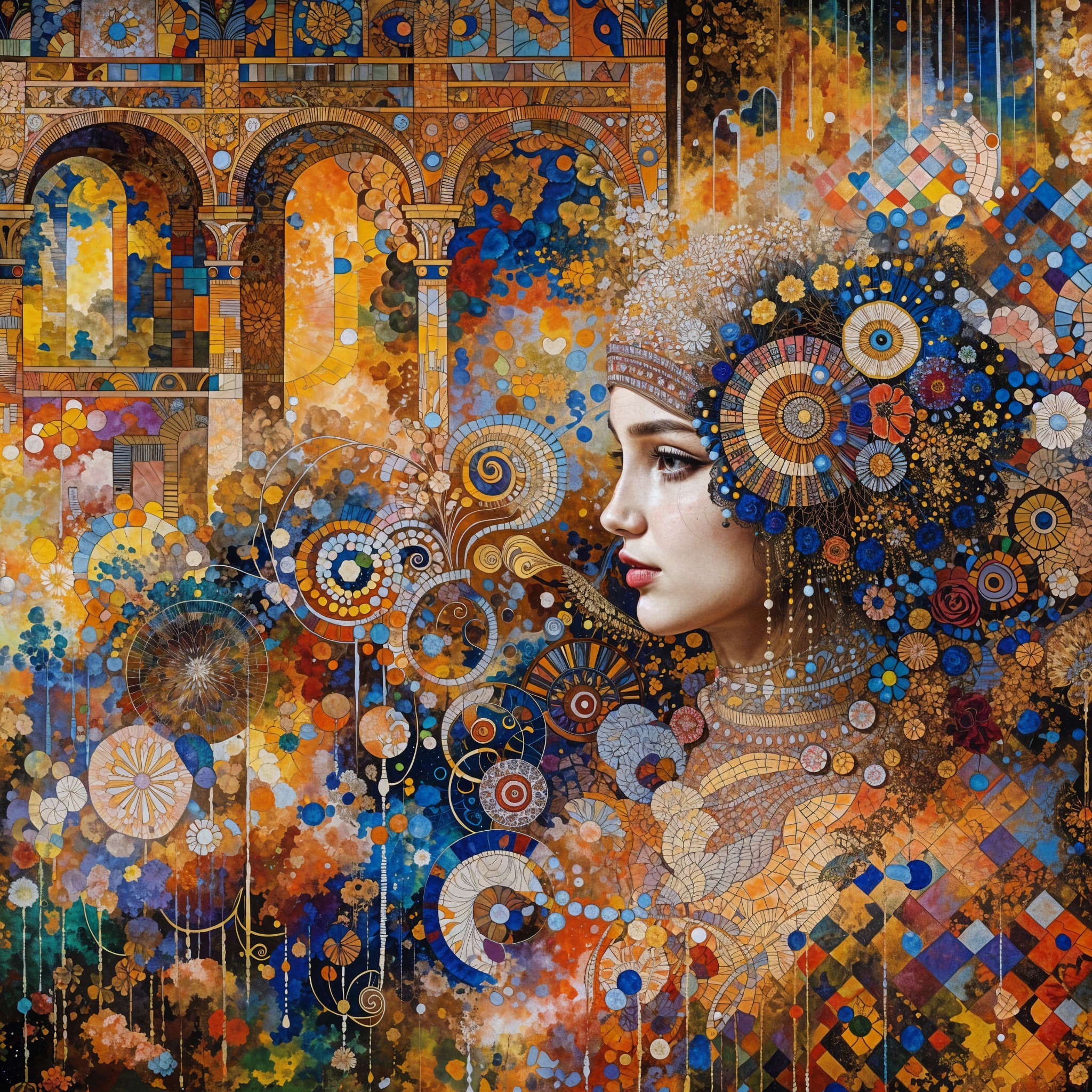 Woman's Profile Surrounded by Colorful Patterns