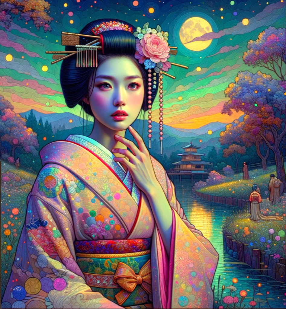 Young Woman in Kimono by Tranquil River at Sunset