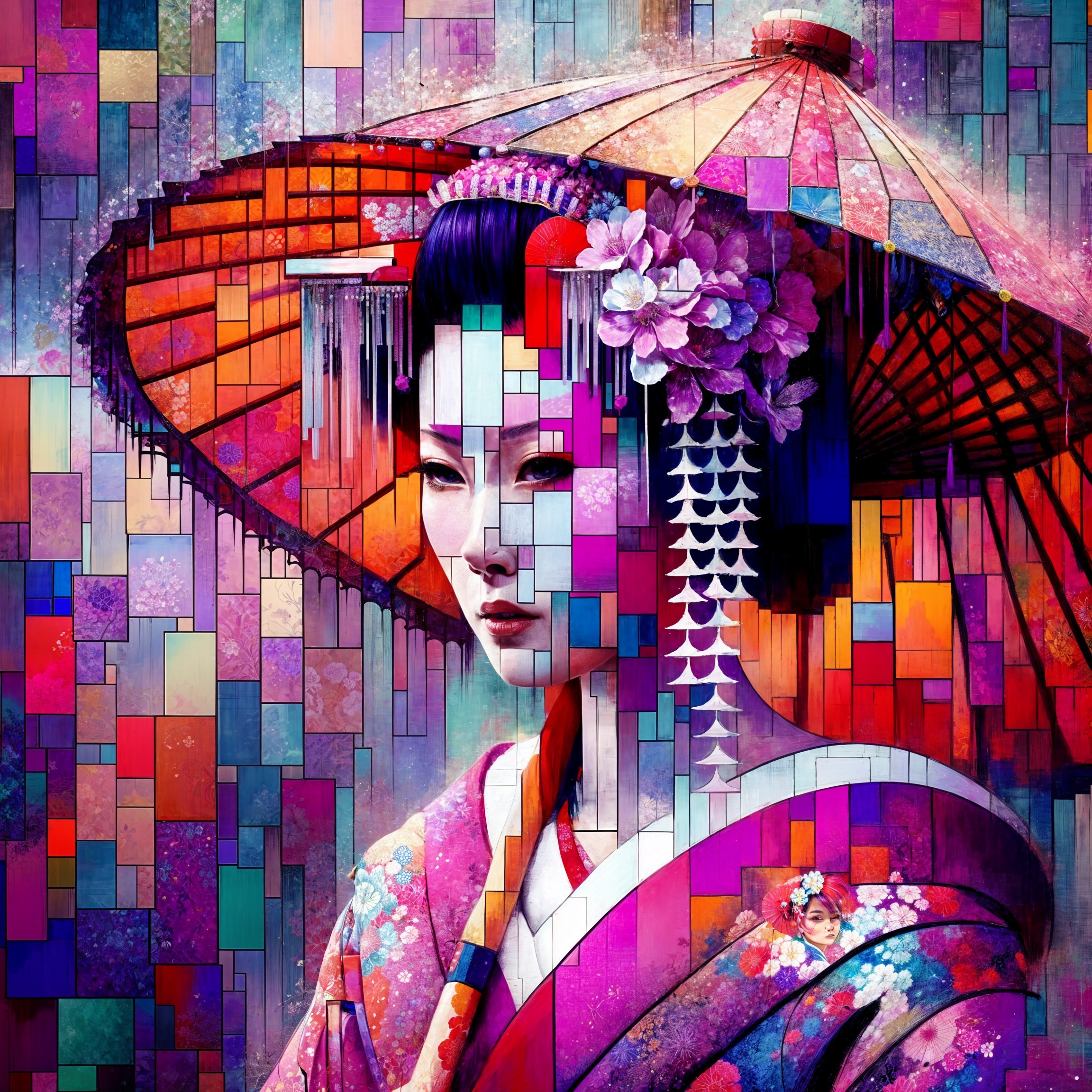Colorful Artwork of Japanese Woman in Kimono and Umbrella