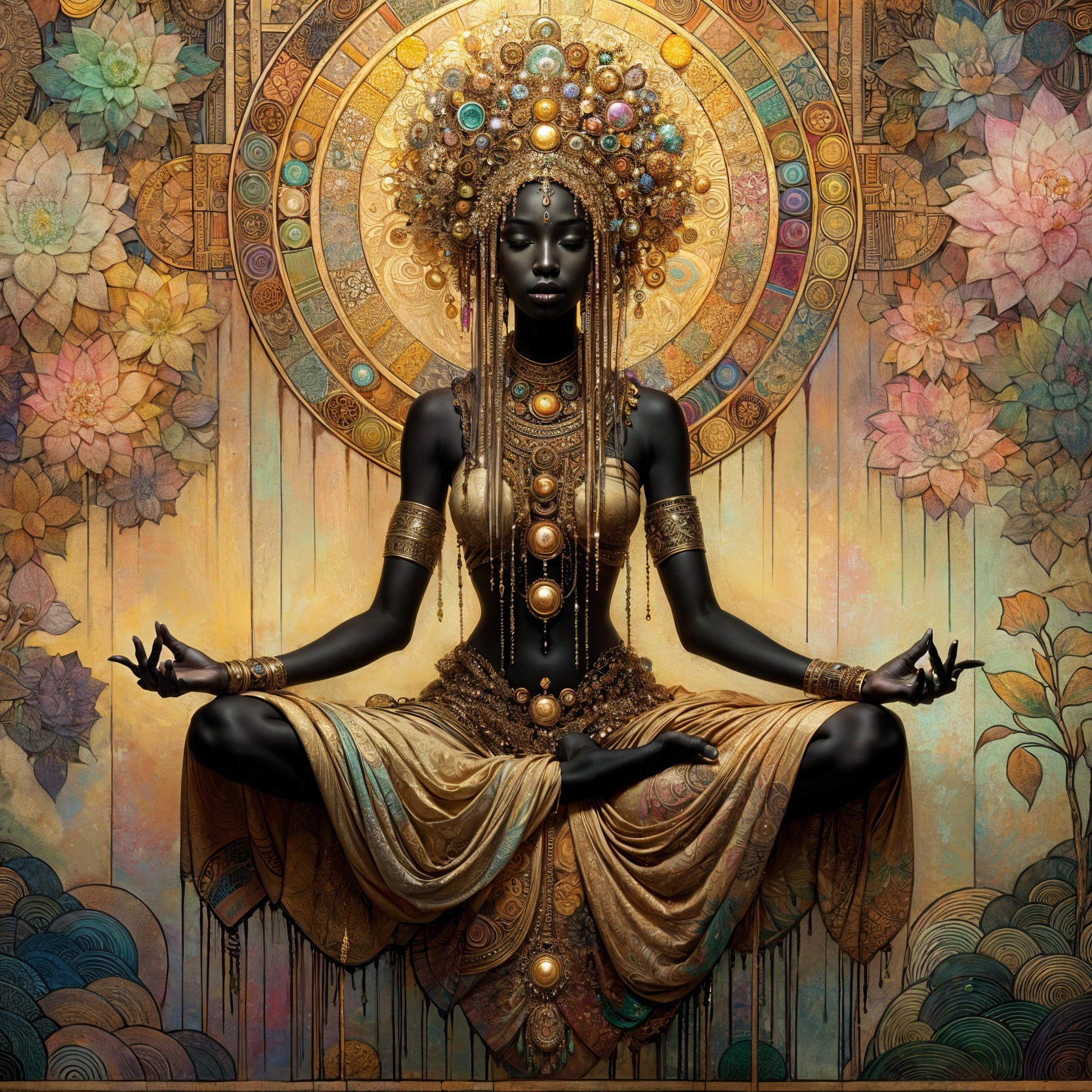 Meditative Figure with Ornate Jewelry and Halo