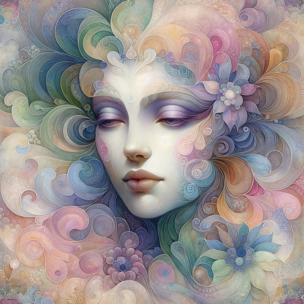 Ethereal Face Surrounded by Pastel Floral Patterns