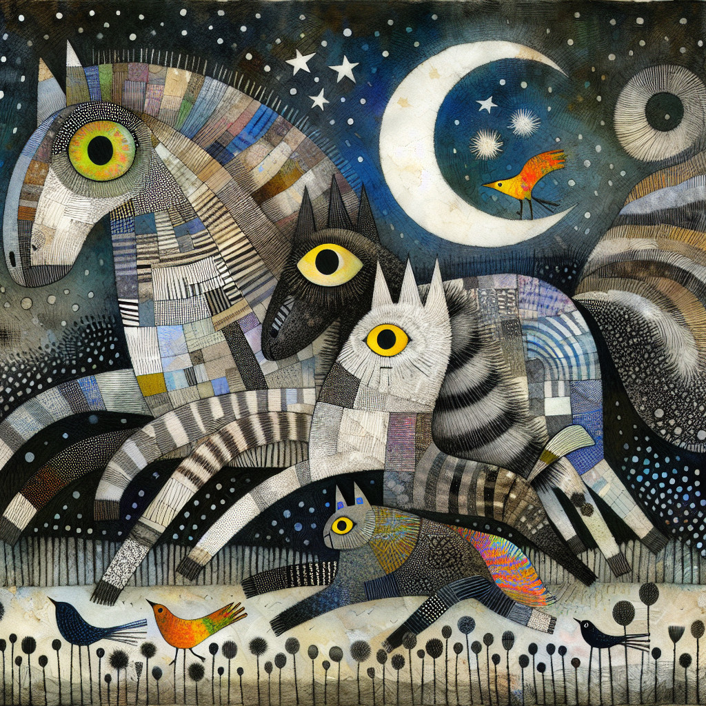Whimsical Animals in a Starry Night Sky Artwork