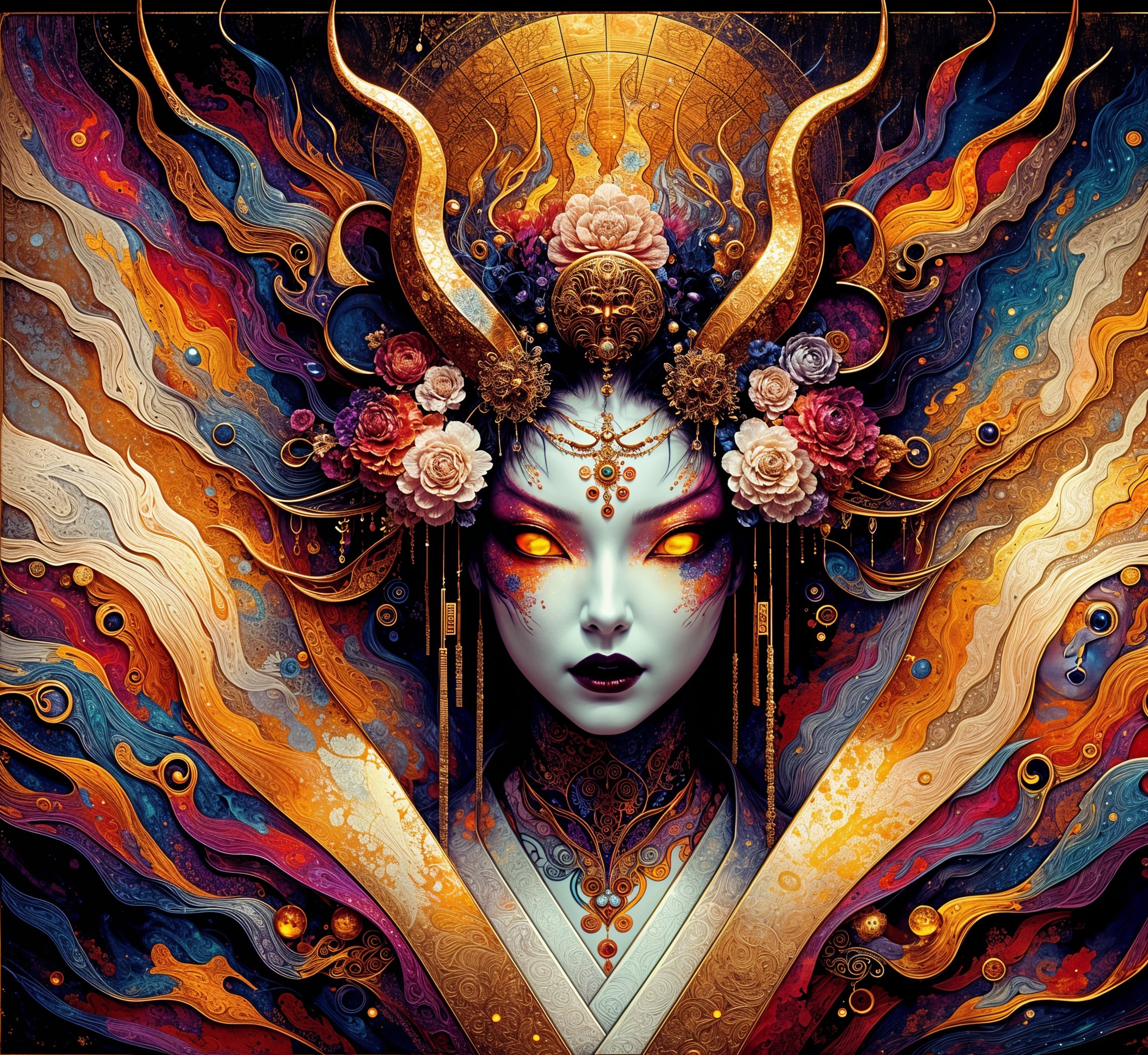Mystical Figure with Floral Headpieces and Color Swirls