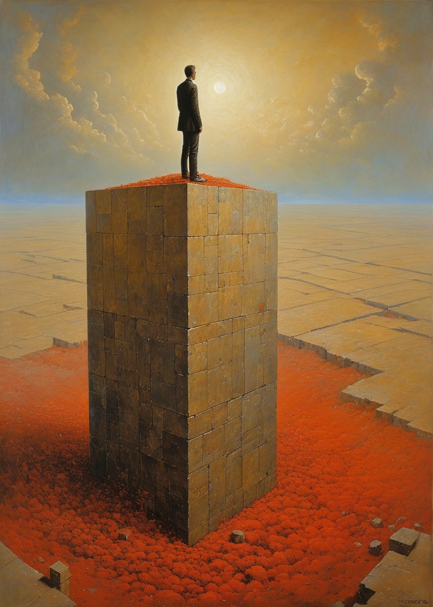 Solitary Figure on Cube Amidst Red Blooms and Sun