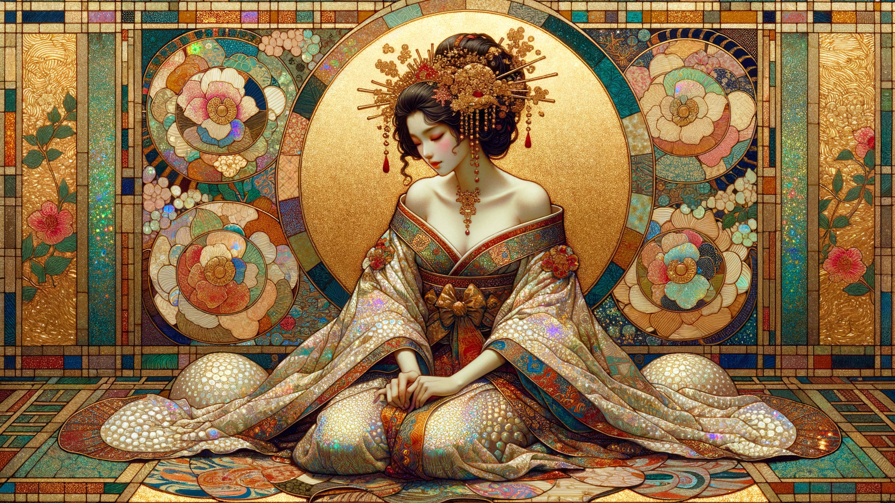 Serene Woman in Ornate Kimono Surrounded by Flowers