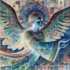 Stylized angelic figure with large wings in pastel hues
