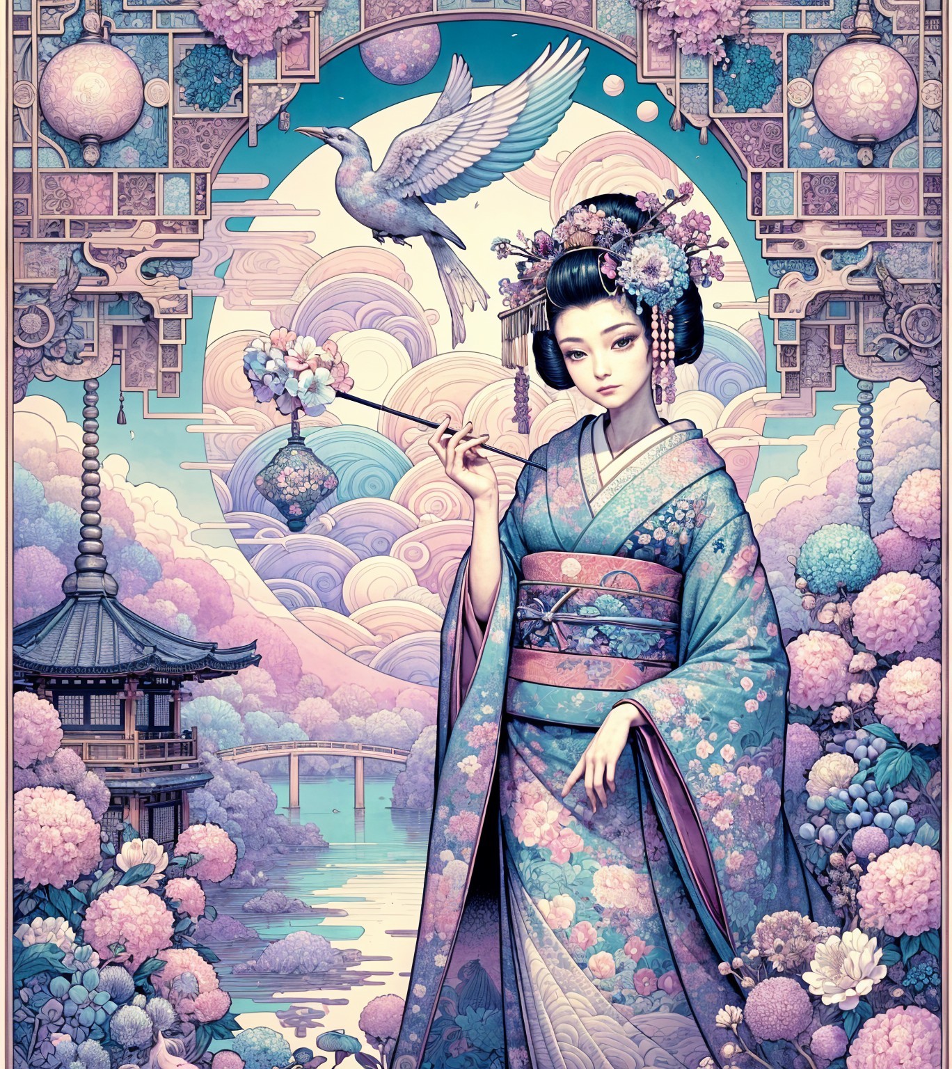 Pastel Illustration of a Geisha with a Bird and Temple