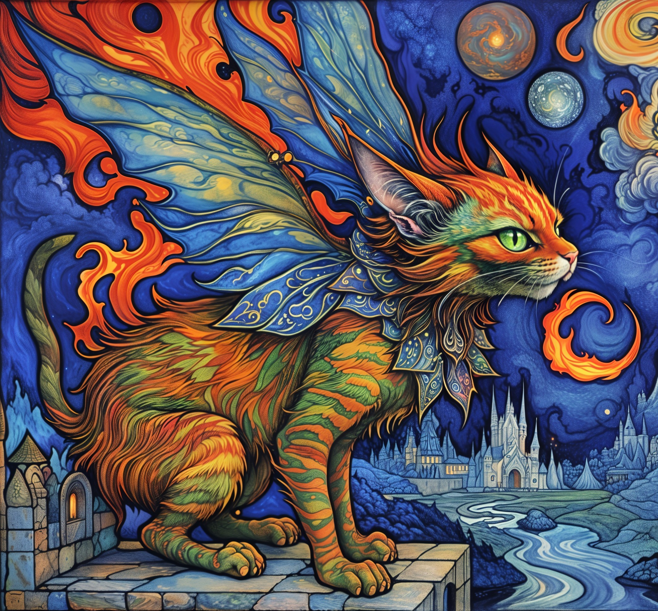 Vibrant Cat with Fiery Wings Against Starry Background