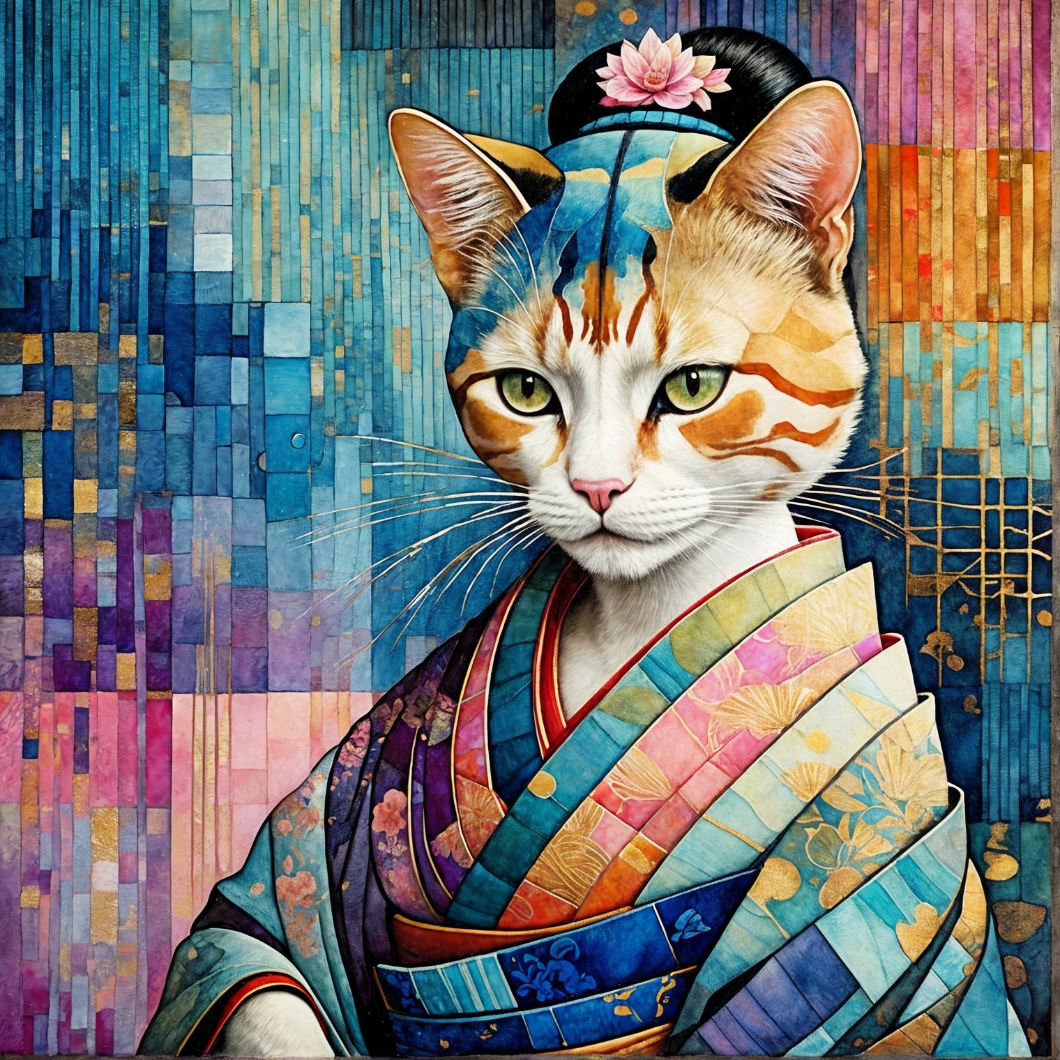 Colorful Cat Portrait in Traditional Kimono Design
