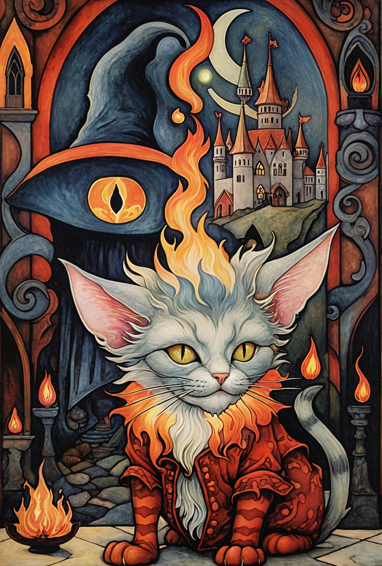 Whimsical Cat in Red Coat with Magical Background