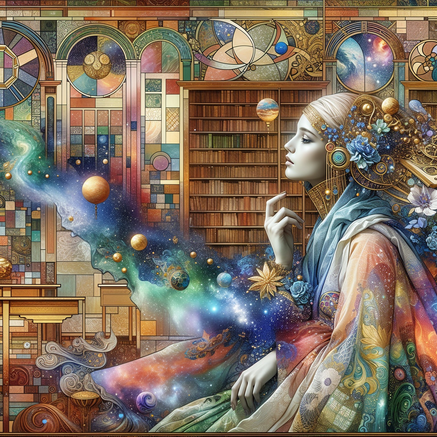 Serene Woman in Colorful Gown in Intricate Library