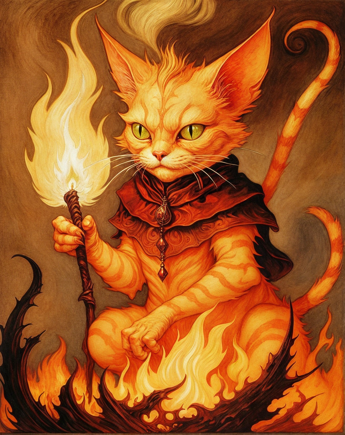 Whimsical Illustration of a Fiery Orange Cat